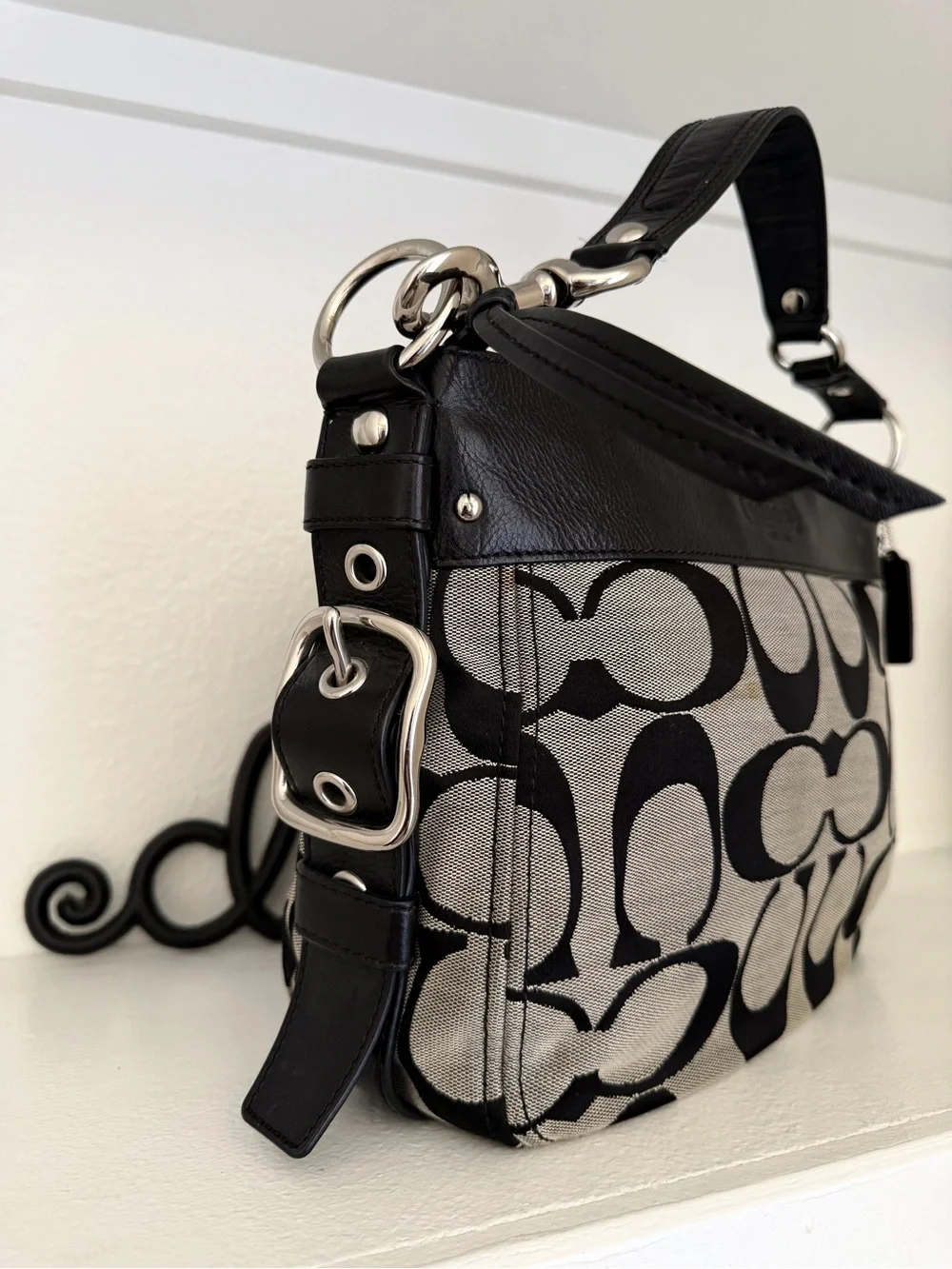 COACH Authentic F12657 Zoe Medium Hobo bag purse Grey Jacquard Black Leather